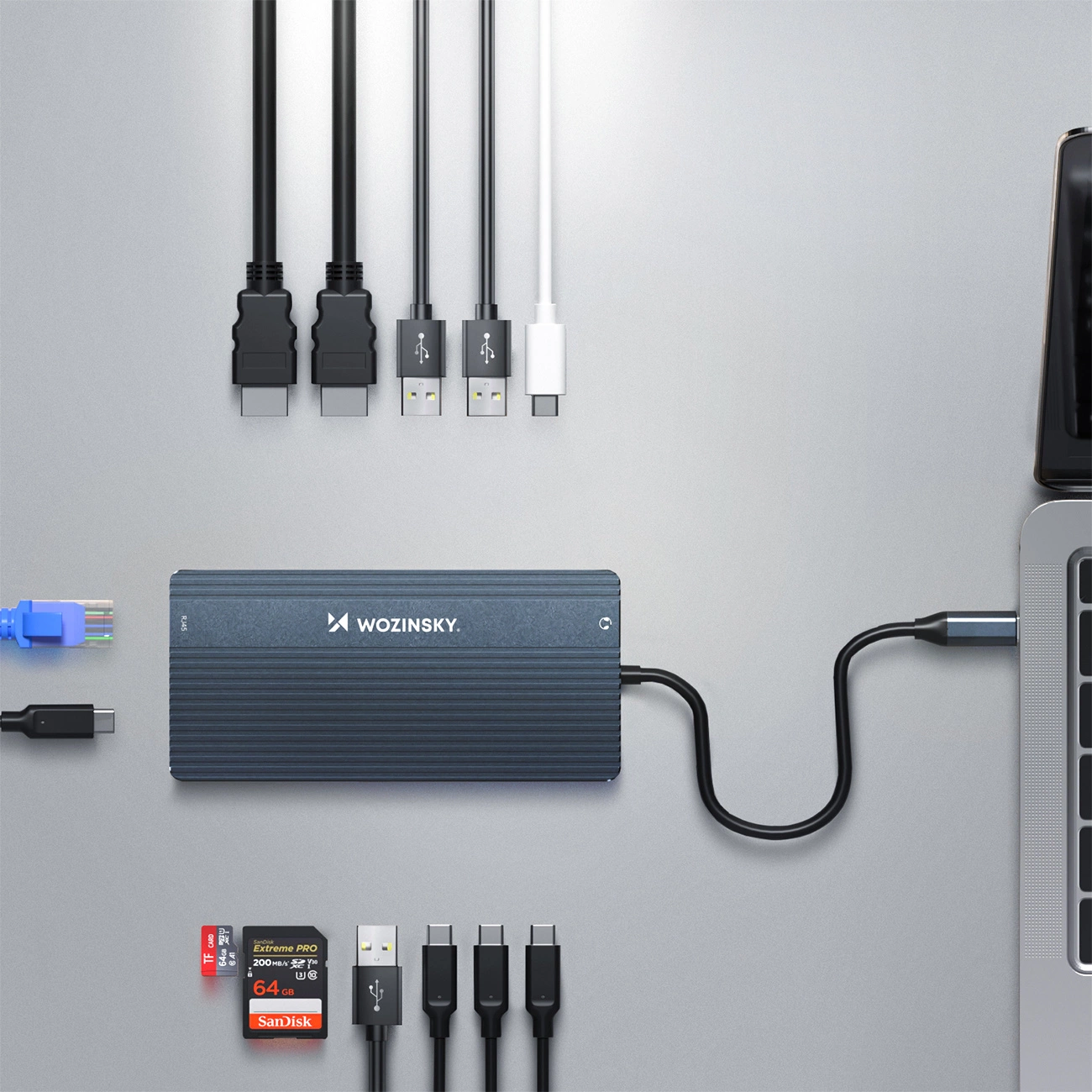 Hub USB-C WZK WDS03Y5S, 1 x USB-A 3.1 - 2 x USB-A - 5 x USB-C - 2 x HDMI - 1 x Jack 3.5mm - 1 x RJ45 - 1 x SD - 1 x microSD, Gri