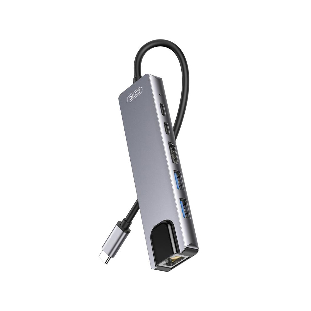 Hub USB-C XO Design HUB013, 1 x USB-A - 1 x USB-A 3.0 - 2 x USB-C - 1 x HDMI - 1 x RJ45, Gri