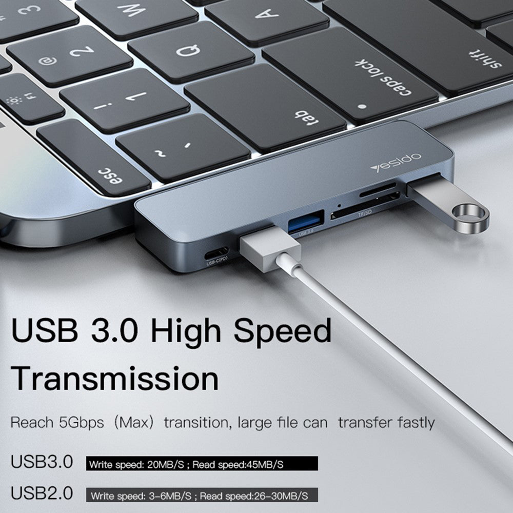 Hub USB-C Yesido HB10 pentru Apple MacBook Pro / Air, 6in1, Gri