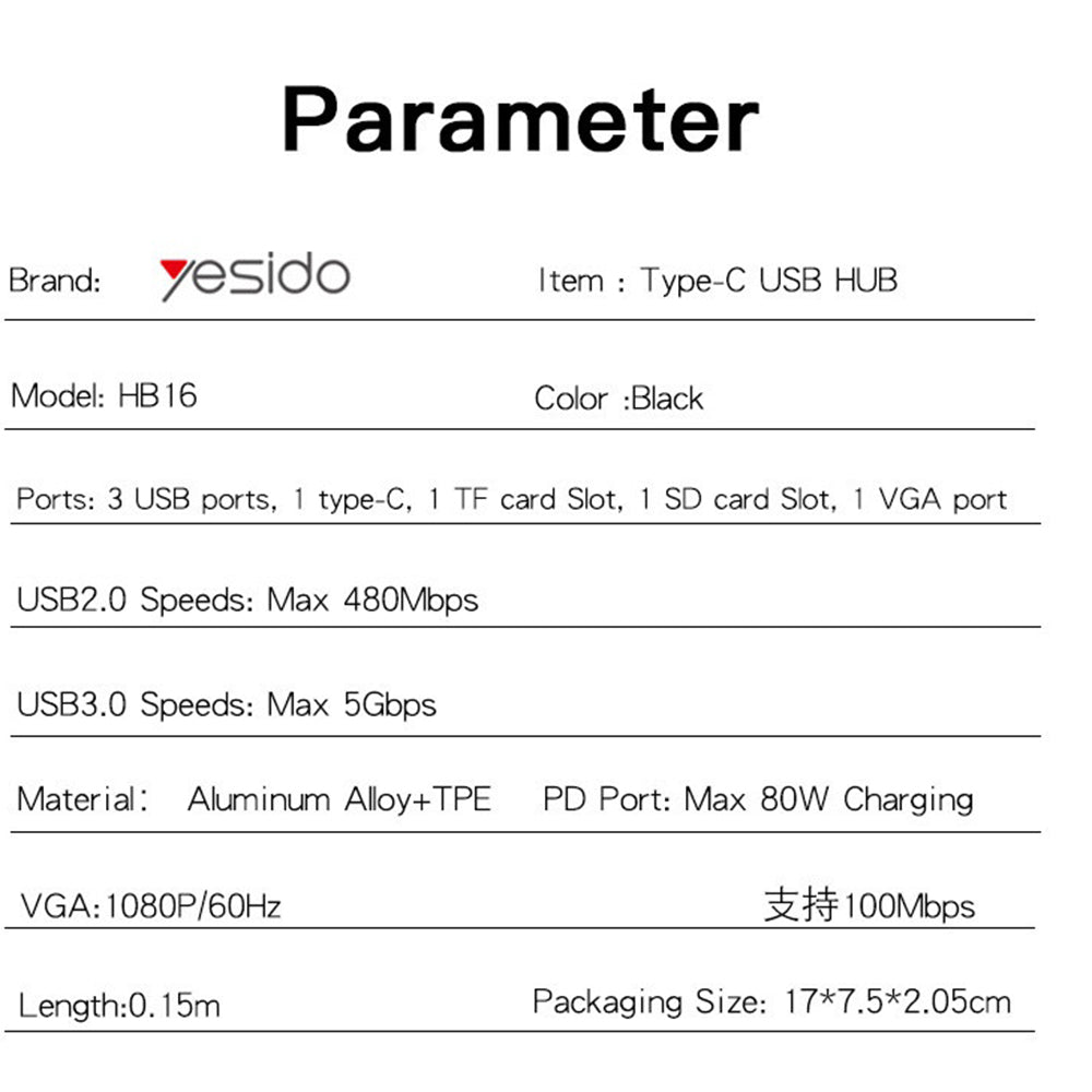 Hub USB-C Yesido HB16, 7in1, Gri
