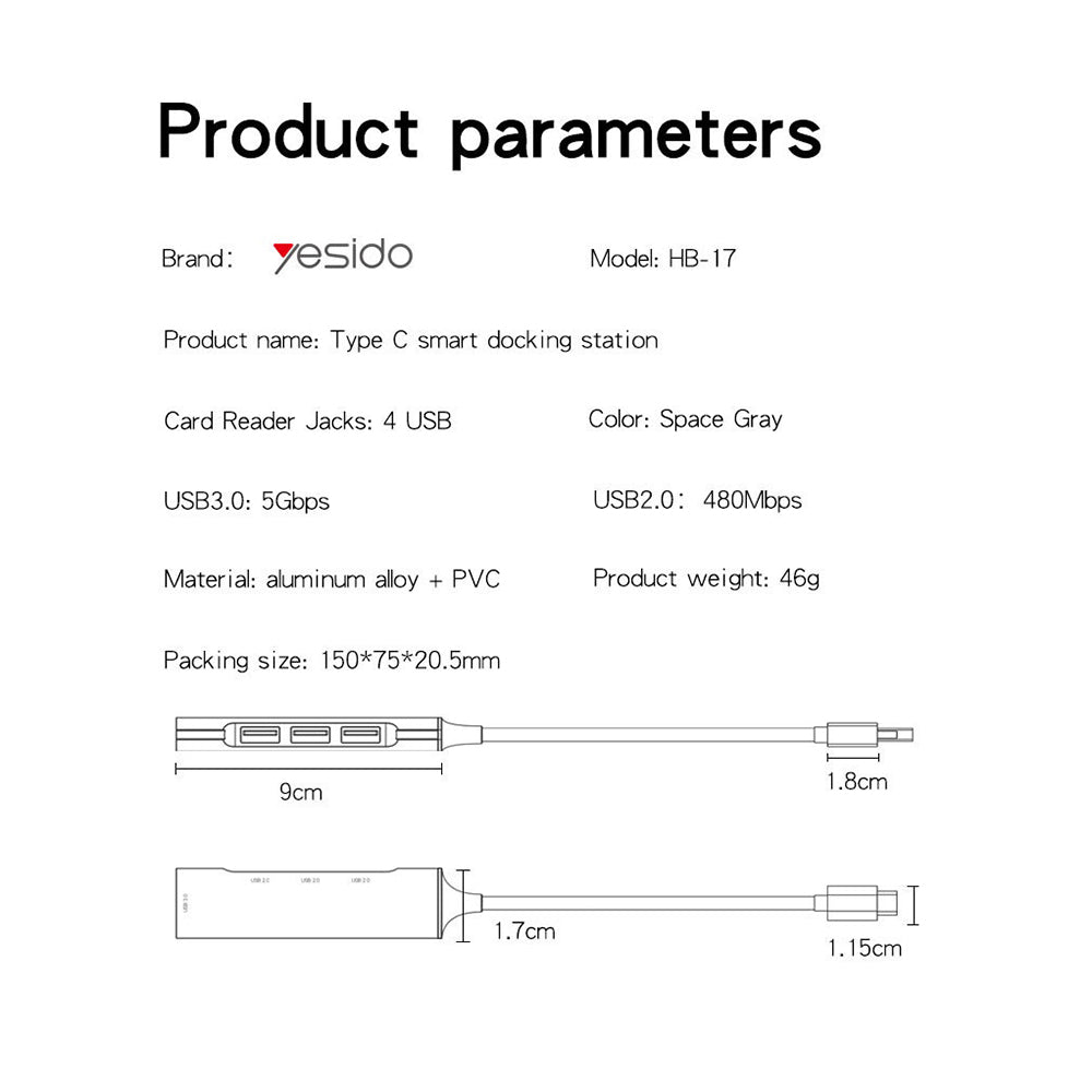Hub USB-C Yesido HB17, 4in1, Gri