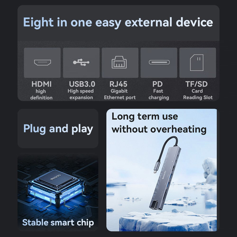 Hub USB-C Yesido HB27, 8in1, Gri
