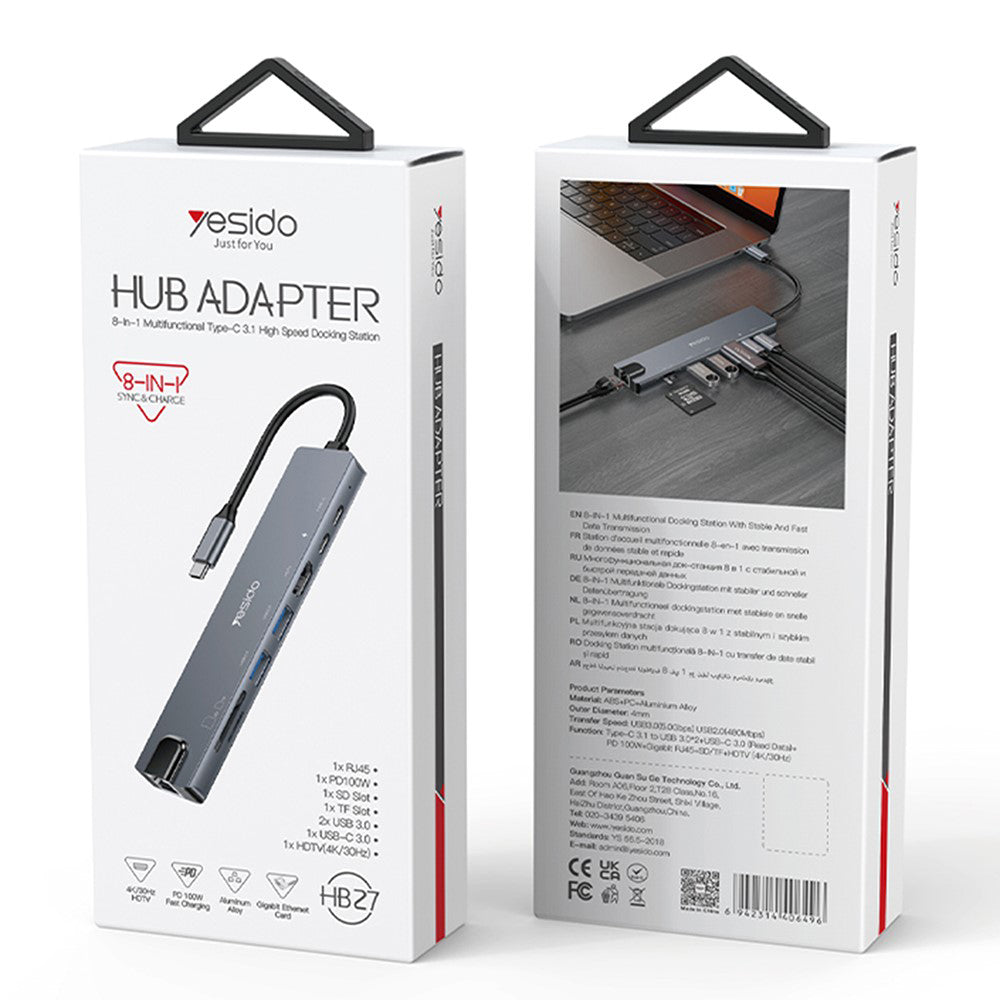 Hub USB-C Yesido HB27, 8in1, Gri