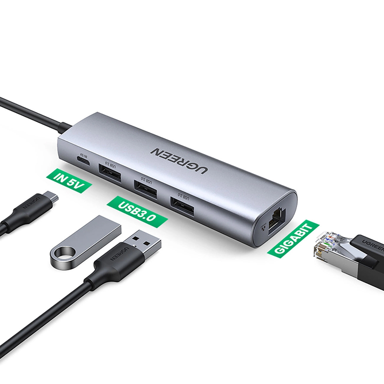 Hub USB UGREEN CM266, 3 x USB-A 3.0 - 1 x RJ45, Gri