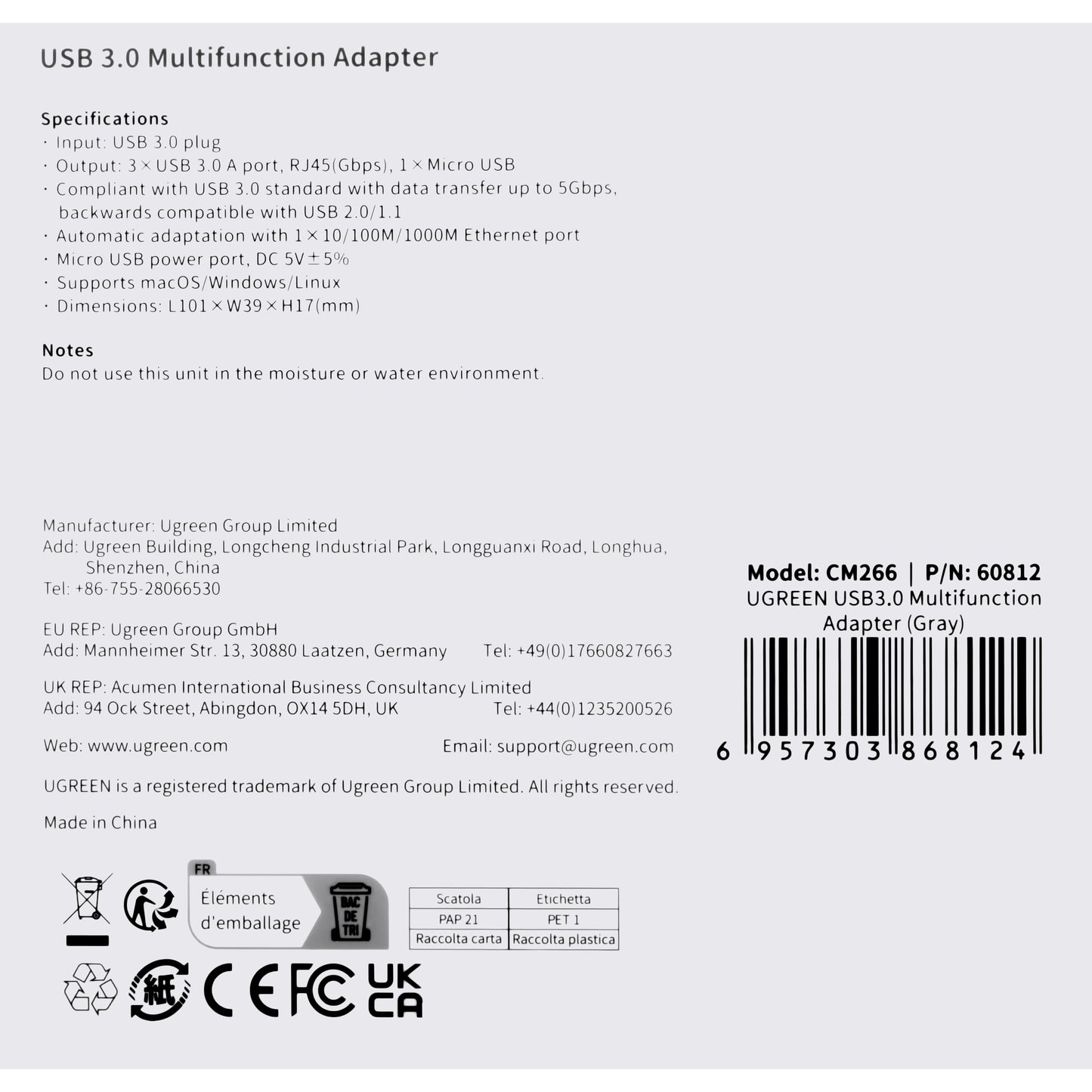 Hub USB UGREEN CM266, 3 x USB-A 3.0 - 1 x RJ45, Gri