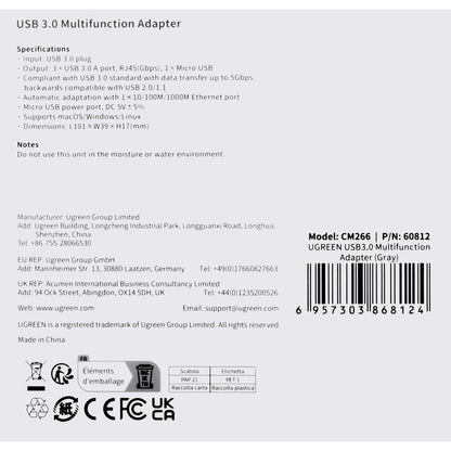 Hub USB UGREEN CM266, 3 x USB-A 3.0 - 1 x RJ45, Gri