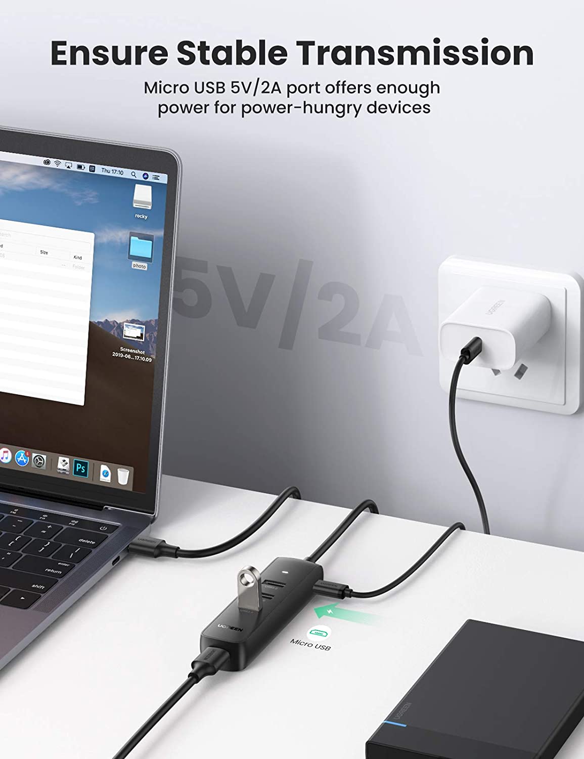 Hub USB UGREEN CM416, 4 x USB-A 3.0, 1m, Negru