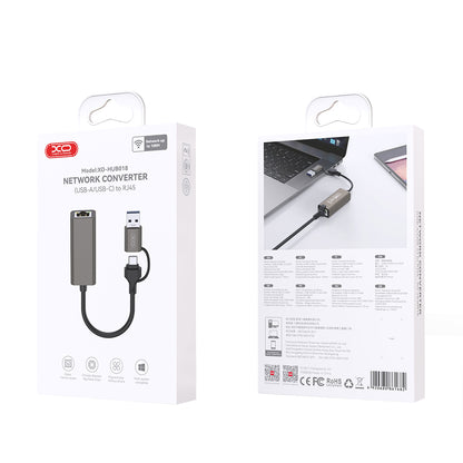 Placa Retea XO Design HUB018, RJ45, USB-C / USB, Gri