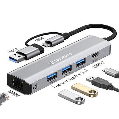Hub USB / USB-C Techsuit H3 BoostNetLink, 5in1, Gri