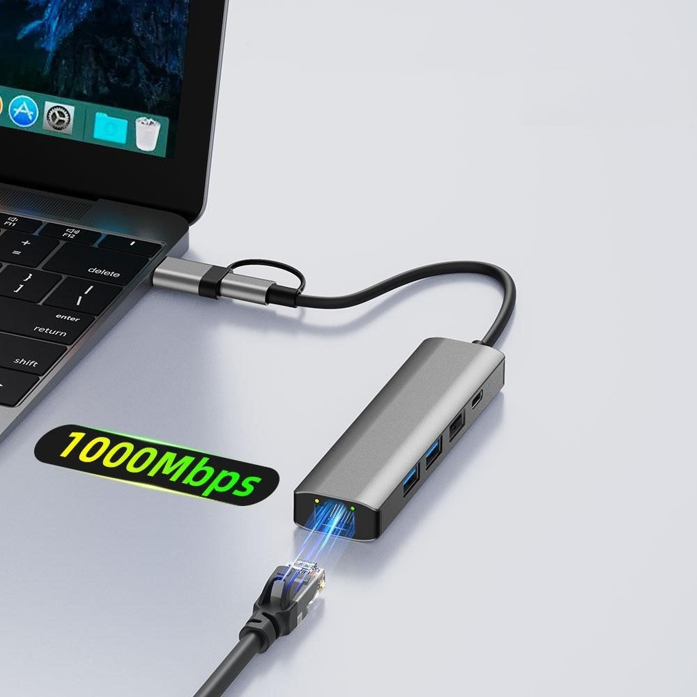 Hub USB / USB-C Techsuit H3 BoostNetLink, 5in1, Gri