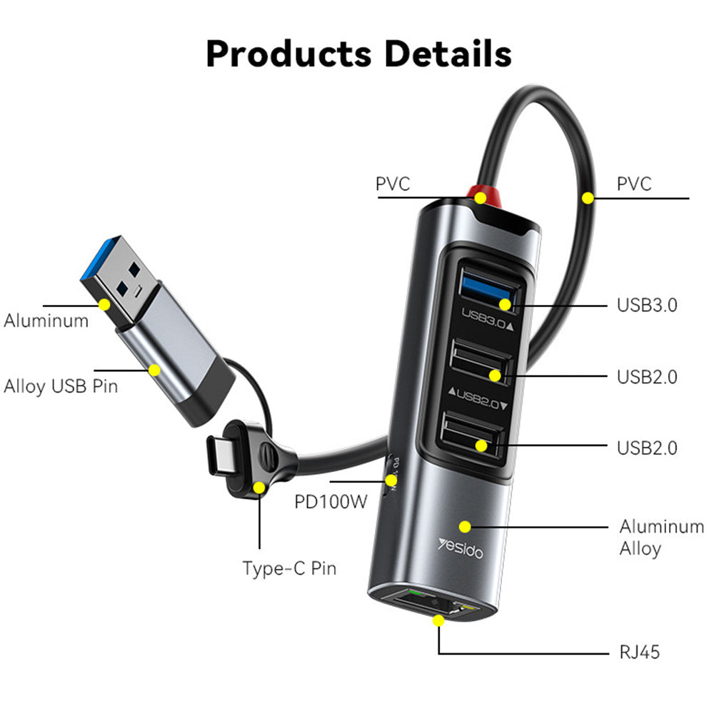 Hub USB / USB-C Yesido HB21, 5in1, Gri
