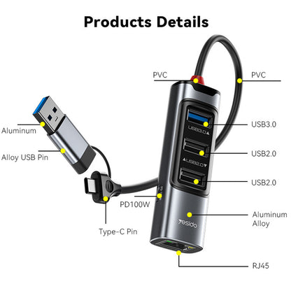 Hub USB / USB-C Yesido HB21, 5in1, Gri
