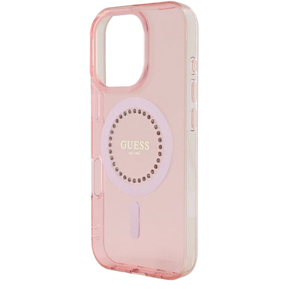 Husa MagSafe pentru Apple iPhone 16 Pro Max, Guess, IML Rhinestones Ring, Roz GUHMP16XPFTDTEP
