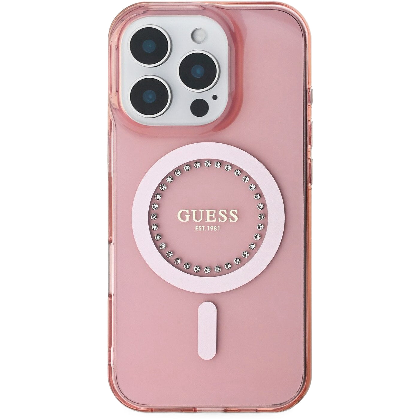 Husa MagSafe pentru Apple iPhone 16 Pro Max, Guess, IML Rhinestones Ring, Roz GUHMP16XPFTDTEP