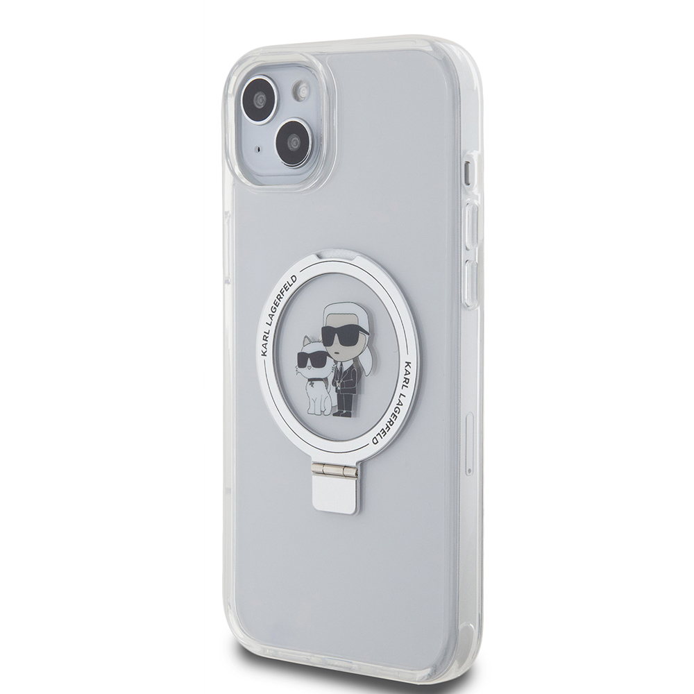 Husa MagSafe pentru Apple iPhone 15 Plus, Karl Lagerfeld, Ringstand Karl and Choupette, Alba, Resigilata