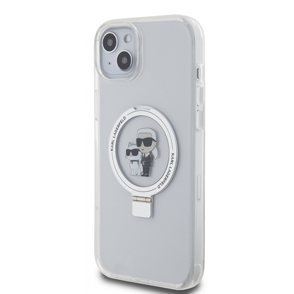 Husa MagSafe pentru Apple iPhone 15 Plus, Karl Lagerfeld, Ringstand Karl and Choupette, Alba, Resigilata