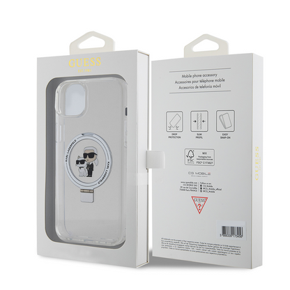 Husa MagSafe pentru Apple iPhone 15 Plus, Karl Lagerfeld, Ringstand Karl and Choupette, Alba, Resigilata