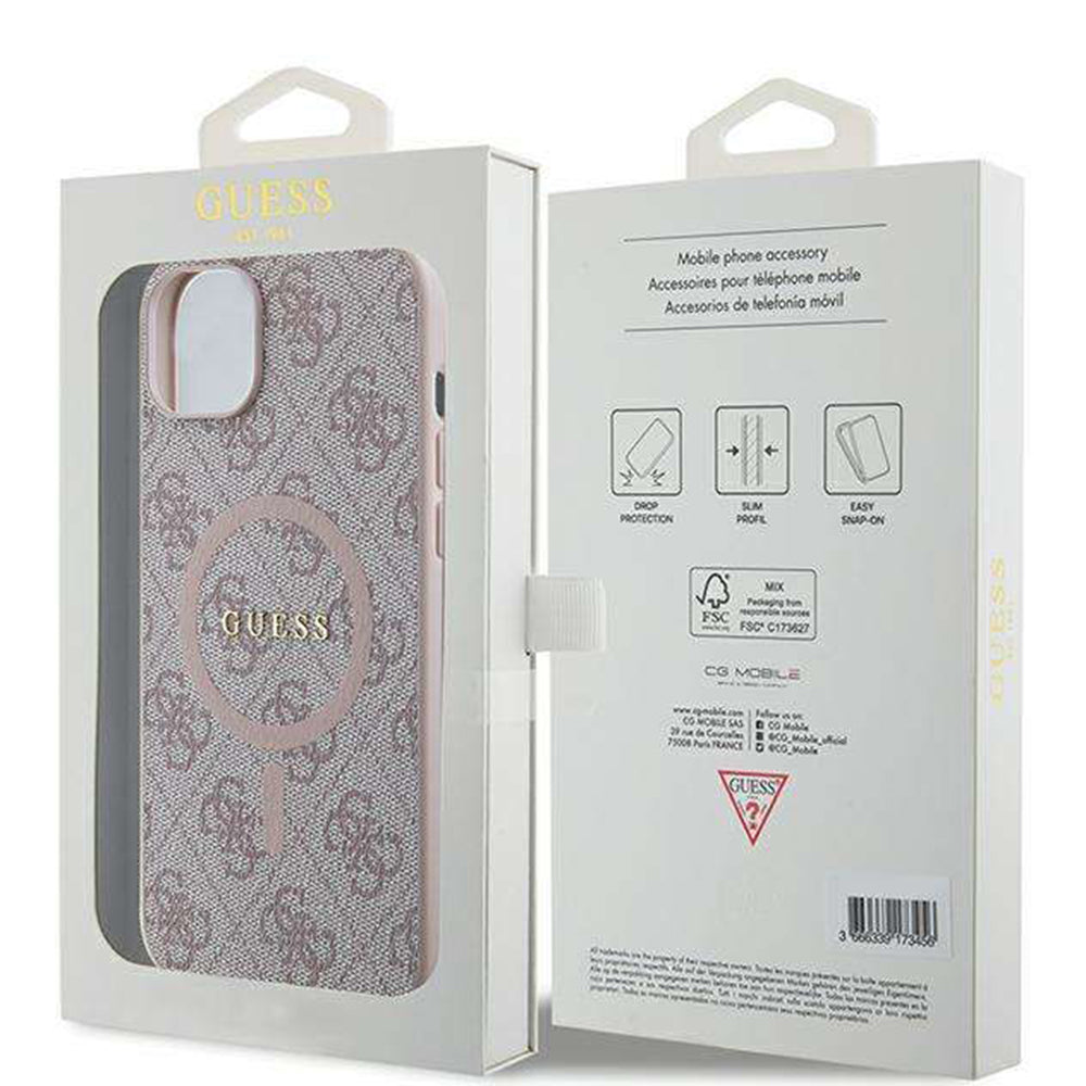 Husa MagSafe pentru Apple iPhone 14, Guess, 4G Ring Classic Logo, Roz