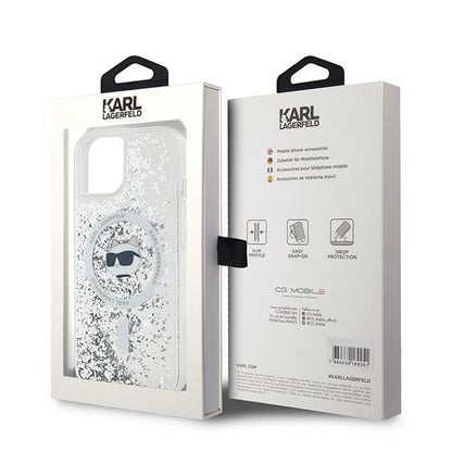 Husa MagSafe pentru Apple iPhone 14, Karl Lagerfeld, Liquid Glitter Choupette's Head, Transparenta