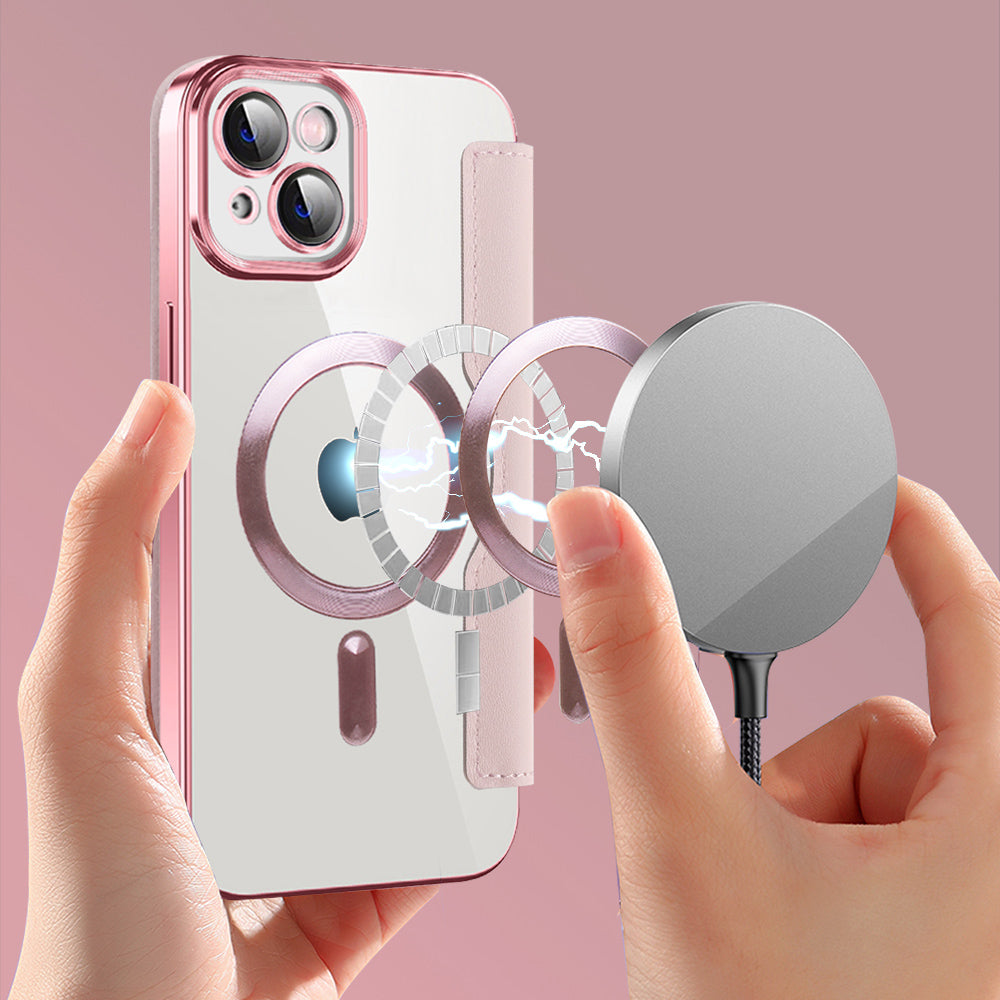 Husa MagSafe pentru Apple iPhone 14 Plus, Techsuit, SmartMag Book, Roz