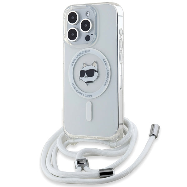 Husa MagSafe pentru Apple iPhone 14 Pro, Karl Lagerfeld, IML Crossbody Choupette's Head with Strap, Transparenta
