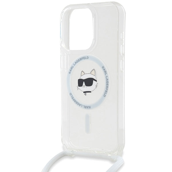 Husa MagSafe pentru Apple iPhone 14 Pro, Karl Lagerfeld, IML Crossbody Choupette's Head with Strap, Transparenta