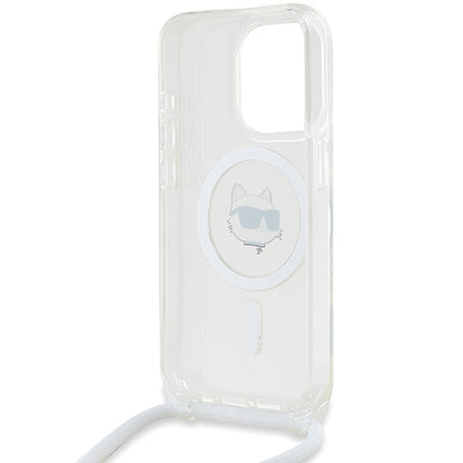 Husa MagSafe pentru Apple iPhone 14 Pro, Karl Lagerfeld, IML Crossbody Choupette's Head with Strap, Transparenta