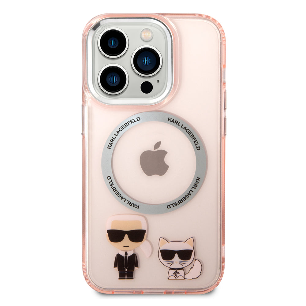 Husa MagSafe pentru Apple iPhone 14 Pro, Karl Lagerfeld, Karl & Choupette Aluminium, Roz
