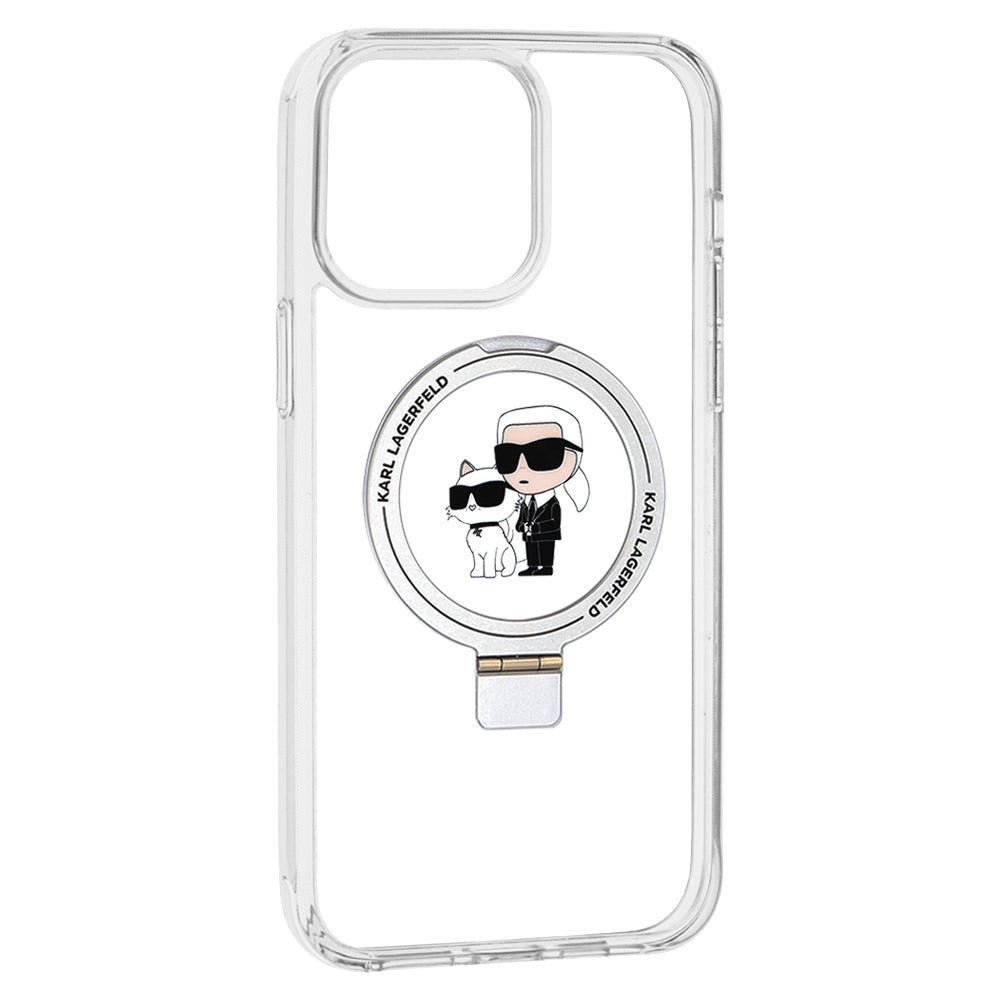 Husa MagSafe pentru Apple iPhone 14 Pro, Karl Lagerfeld, Ring Stand Karl & Choupette, Alba