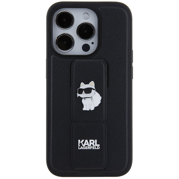 Husa MagSafe pentru Apple iPhone 14 Pro, Karl Lagerfeld, Saffiano Gripstand Choupette, Neagra