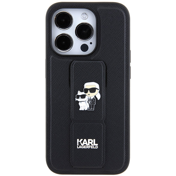Husa MagSafe pentru Apple iPhone 14 Pro, Karl Lagerfeld, Saffiano Gripstand Karl & Choupette, Neagra