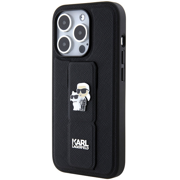 Husa MagSafe pentru Apple iPhone 14 Pro, Karl Lagerfeld, Saffiano Gripstand Karl & Choupette, Neagra