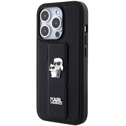 Husa MagSafe pentru Apple iPhone 14 Pro, Karl Lagerfeld, Saffiano Gripstand Karl & Choupette, Neagra