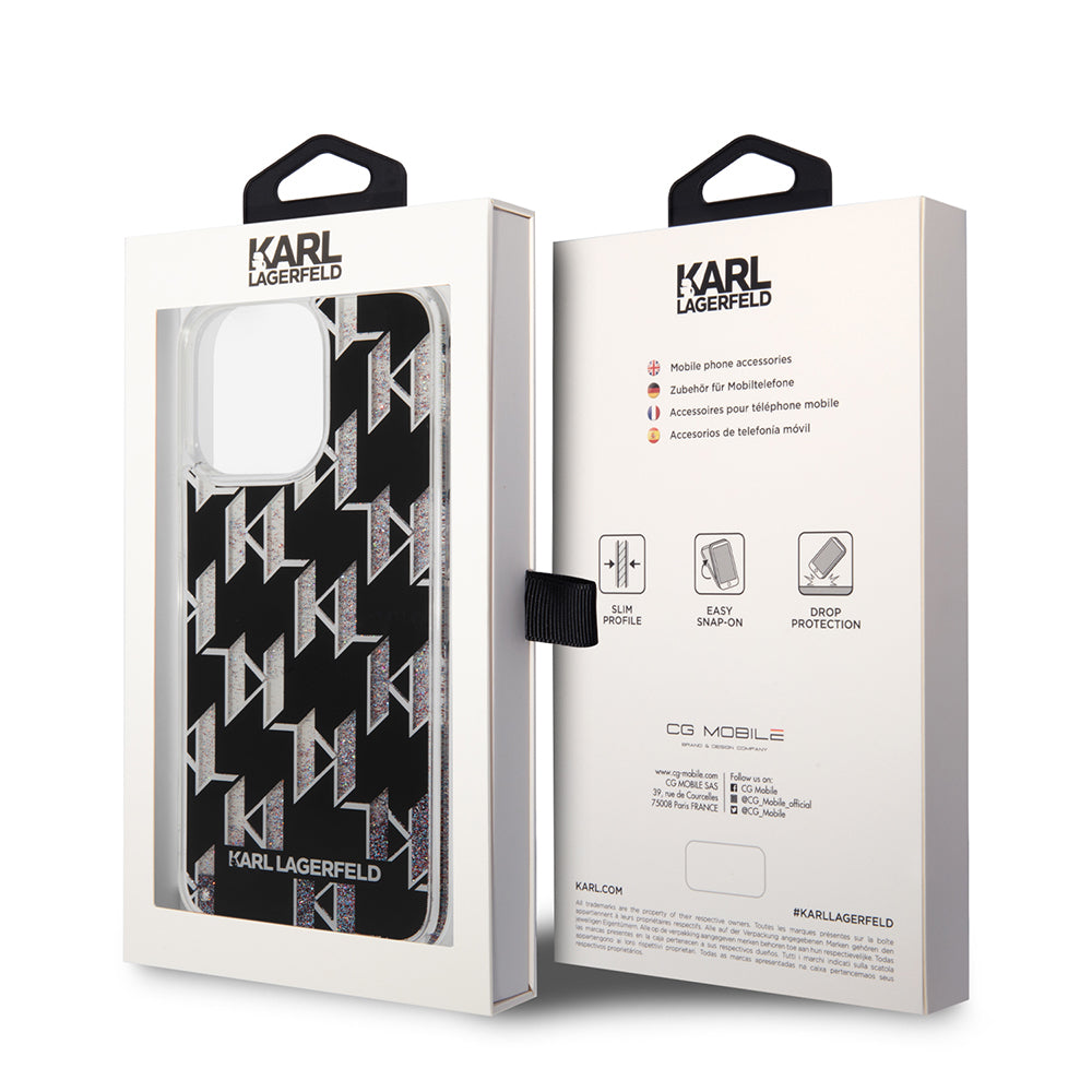 Husa MagSafe pentru Apple iPhone 14 Pro Max, Karl Lagerfeld, Monogram Liquid Glitter, Neagra