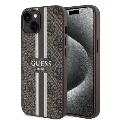 Husa MagSafe pentru Apple iPhone 15, Guess, 4G Printed Stripes, Maro