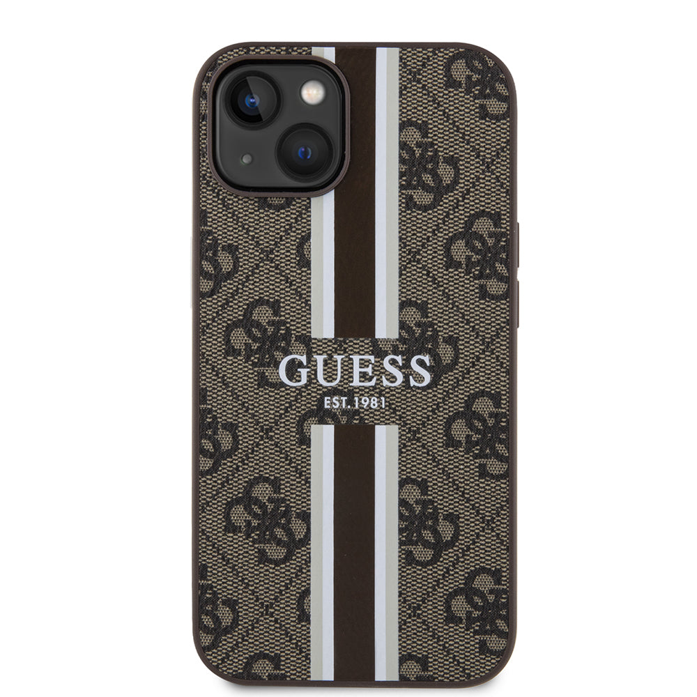 Husa MagSafe pentru Apple iPhone 15, Guess, 4G Printed Stripes, Maro