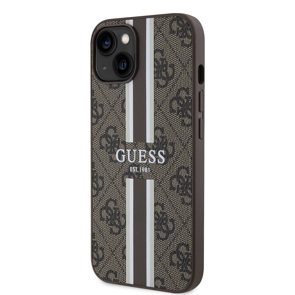 Husa MagSafe pentru Apple iPhone 15, Guess, 4G Printed Stripes, Maro