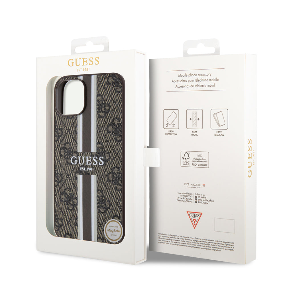Husa MagSafe pentru Apple iPhone 15, Guess, 4G Printed Stripes, Maro