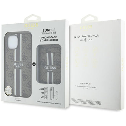 Husa MagSafe pentru Apple iPhone 15, Guess, Cardslot 4G Stripes , Maro