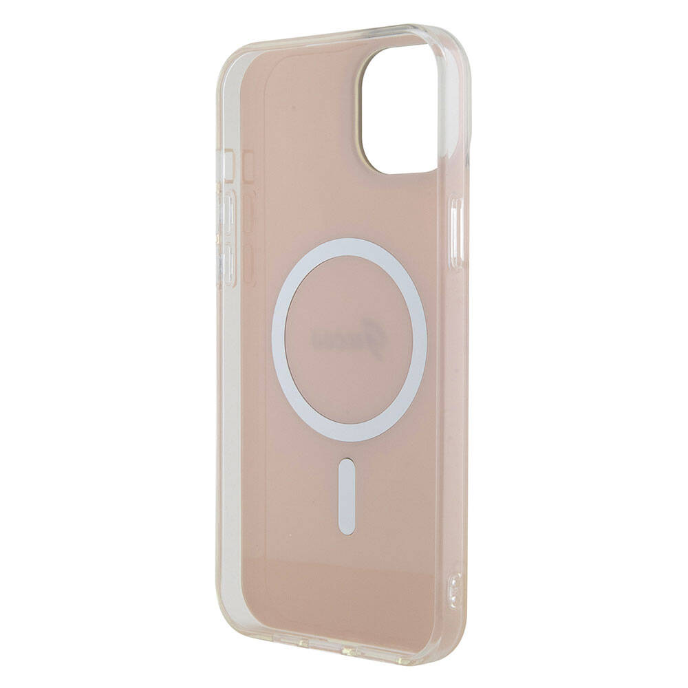 Husa MagSafe pentru Apple iPhone 15, Guess, IML Iridescent Script, Roz GUHMP15SHITSP