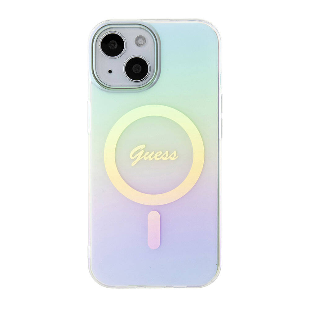 Husa MagSafe pentru Apple iPhone 15, Guess, IML Iridescent, Turcoaz