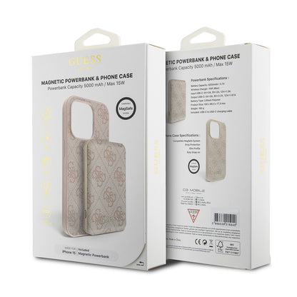 Husa MagSafe pentru Apple iPhone 15, Guess, Powerbank 4G Metal Logo, Roz