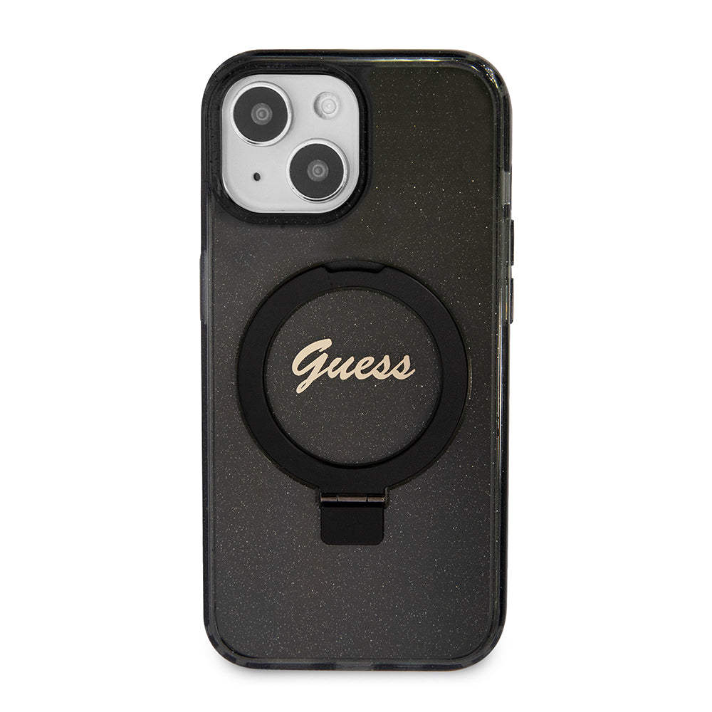 Husa MagSafe pentru Apple iPhone 15, Guess, Ring Stand Script Glitter, Neagra