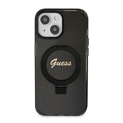 Husa MagSafe pentru Apple iPhone 15, Guess, Ring Stand Script Glitter, Neagra