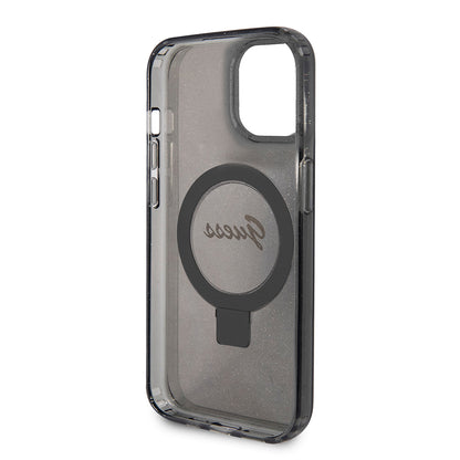 Husa MagSafe pentru Apple iPhone 15, Guess, Ring Stand Script Glitter, Neagra