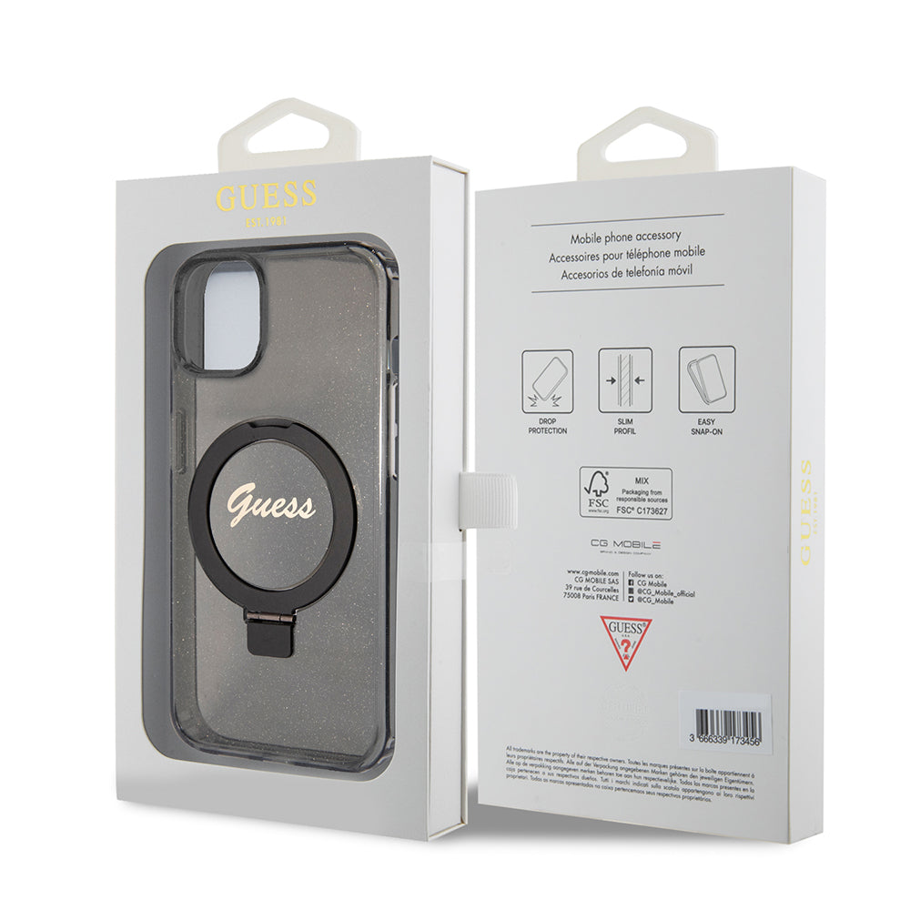 Husa MagSafe pentru Apple iPhone 15, Guess, Ring Stand Script Glitter, Neagra