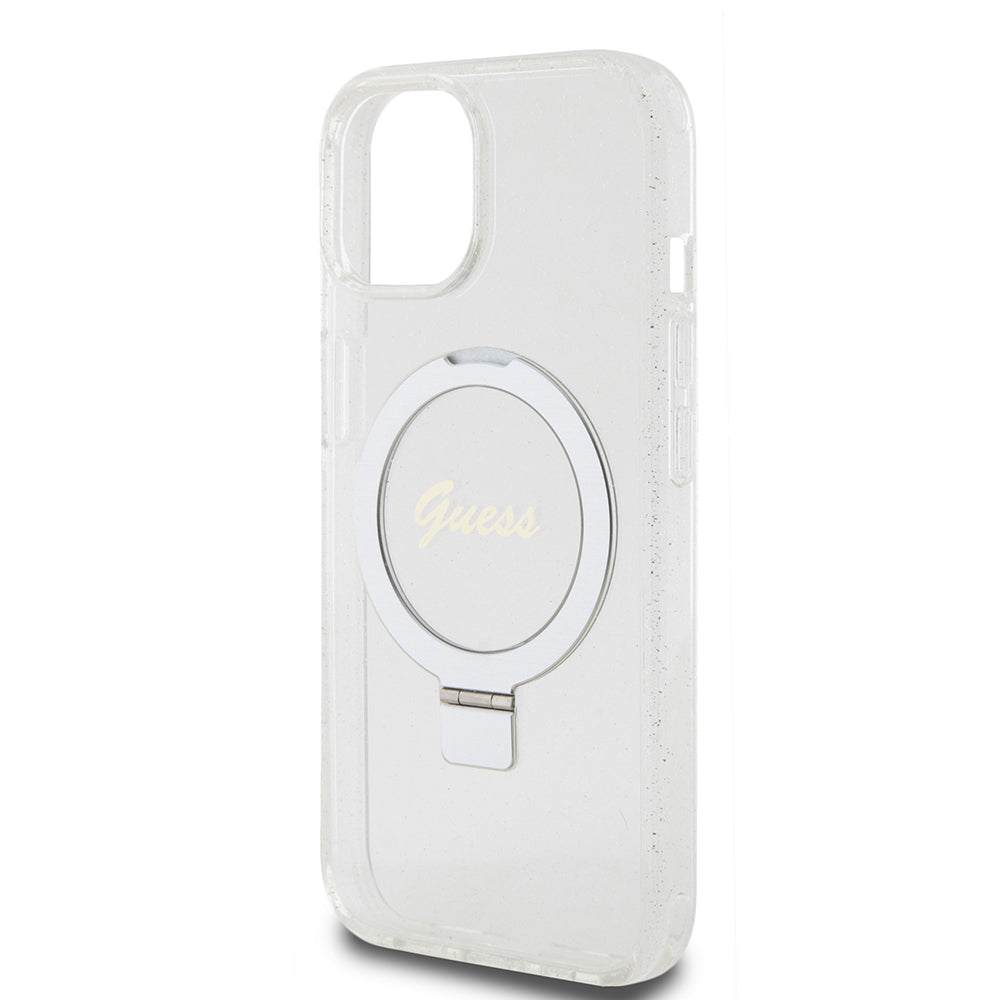Husa MagSafe pentru Apple iPhone 15, Guess, Ring Stand Script Glitter, Transparenta