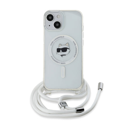 Husa MagSafe pentru Apple iPhone 15, Karl Lagerfeld, IML Crossbody Choupette's Head with Strap, Transparenta