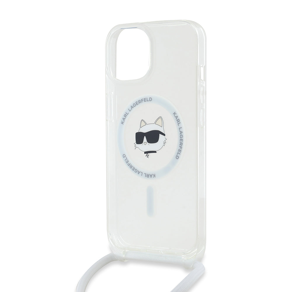 Husa MagSafe pentru Apple iPhone 15, Karl Lagerfeld, IML Crossbody Choupette's Head with Strap, Transparenta