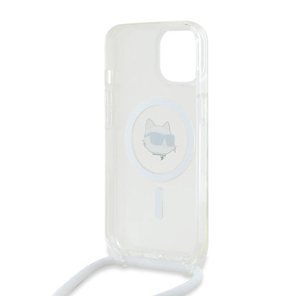 Husa MagSafe pentru Apple iPhone 15, Karl Lagerfeld, IML Crossbody Choupette's Head with Strap, Transparenta